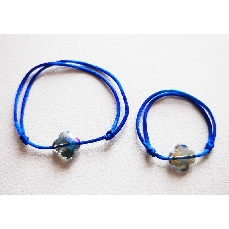 Duo Maman Bebe Bracelet Cordon Satin Bleu Electrique Et Trefle Cristal A Facette Transparent Bleu Marine A Reflets Multicolore